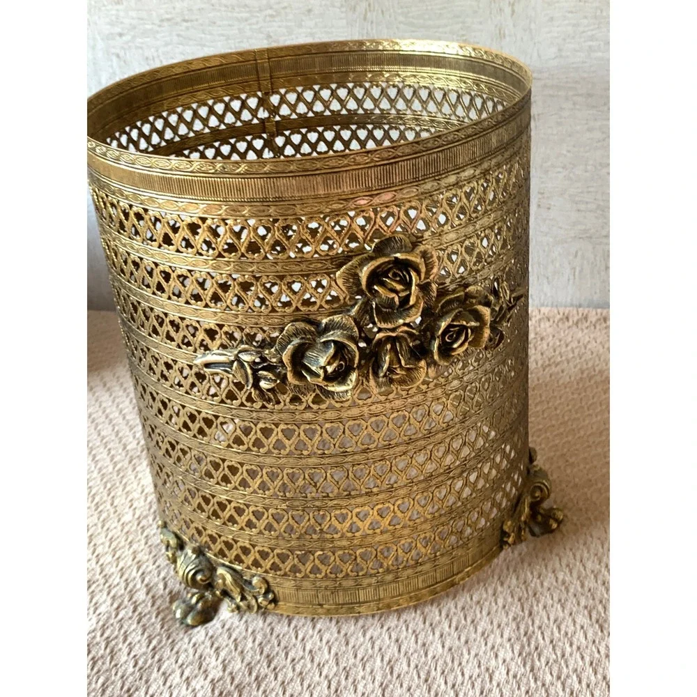 Vintage Hollywood Regency Gold Filigree Rose Wastebasket Ornate‎ Trash Can cover